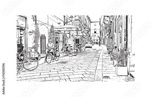 Print Building view with landmark of Reggio Emilia is a city in northern Italy. Hand drawn sketch illustration in vector.