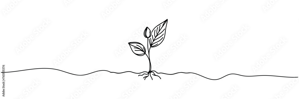 Obraz premium Single continuous line art sprout growth isolated on white background. Vector illustration.