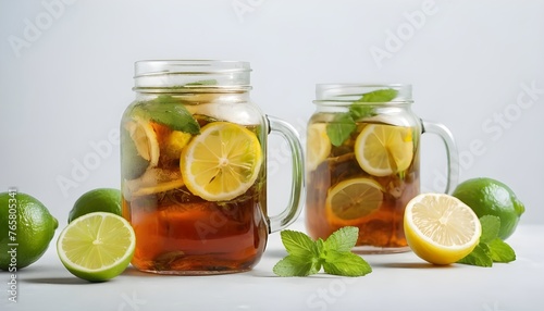 Ice tea in glass jar served with limes, lemons and mint
