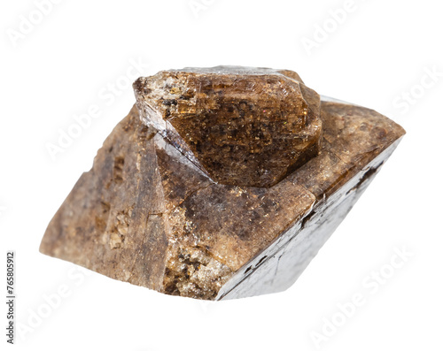 close up of sample of natural stone from geological collection - rough zircon crystal isolated on white background from Khibiny, Kola Peninsula