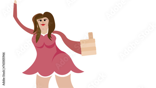 Abstract vector illustration of a woman in a dress. Woman in a dress with her hand in front of her and thumbs up. Place for your own text. Woman in a dress on a white background.
