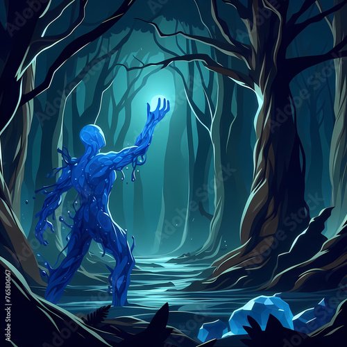 Humanoid Figure in Dark Forest Made of Molten Blue Glass 2D photo