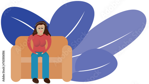 Woman sitting in a chair with headphones on her head. Relaxing woman sitting in a chair listening to music. Illustration of a relaxing woman. Leaves in the background.