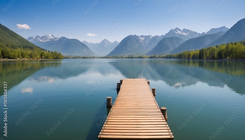wooden pontoon on lake and mountains by beautiful day