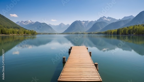 wooden pontoon on lake and mountains by beautiful day photo