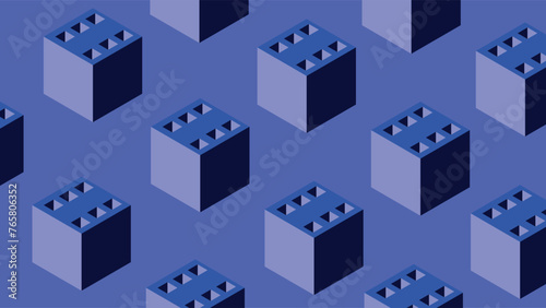 Background with geometric pattern. Cubes with holes on the top side. Blue color. Geometric repeating pattern