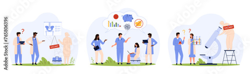 Shortage of medical staff, hiring problem, reduction of salary for medics set. Tiny people work on xray and patient tests with silhouettes of talent doctors and nurses cartoon vector illustration