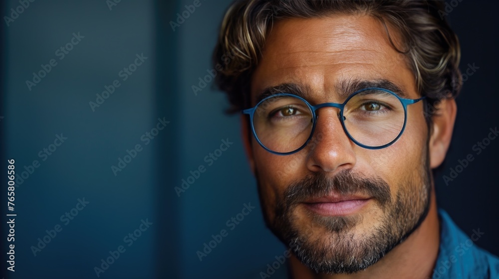 Elegant man with beard wearing glasses smiling in a blue shirt against a dark background. Elegant man with beard wearing glasses smiling in a blue shirt against a dark background.