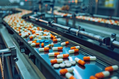 Tablets and capsules on the conveyor of a pharmaceutical factory. Production line of the pharmaceutical industry. Pharmaceutical industry