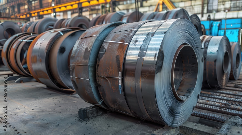Rolls of galvanized steel sheet inside the factory or warehouse. Rolls of galvanized steel sheet inside the factory or warehouse.