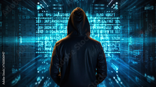 Silhouetted hacker in a hoodie is standing in front of a computer screen with a lot of numbers and symbols. Concept of mystery and intrigue in technology