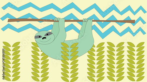 Abstract minimalist illustration of a sloth hanging on a branch. Graphically simple leaves under the sloth.