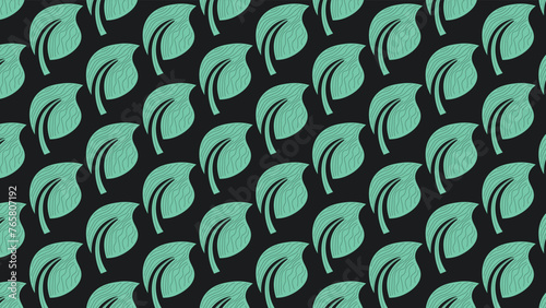 Background with repeating pattern. A green, regularly spaced leaf on a black background. Pattern, shape, leaf, nature.