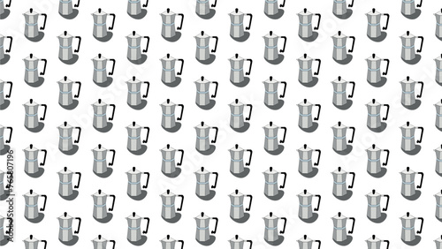 Vector background with mocha pot. Coffee, drink, mocha pot. A repeating pattern spread across the surface. Drink, coffee, caffeine, energy, morning, lifestyle.