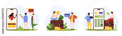 Digital payment and transaction in bank account set. Tiny people transfer money, exchange and pay with credit card and mobile wallet in phone, receive and send remittance cartoon vector illustration