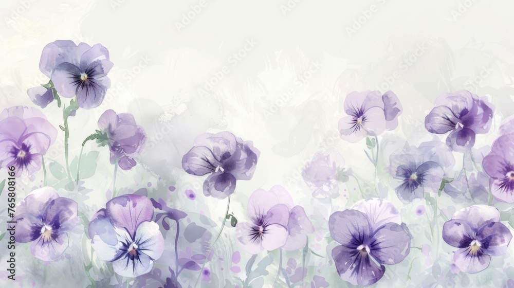 A dynamic watercolor illustration of a mix of Viola flowers, including the charming Viola hederacea, with soft lavenders and whites against a white canvas A dynamic watercolor illustration of a mix of Viola flowers, including the charming Viola hederacea, with soft lavenders and whites against a white canvas