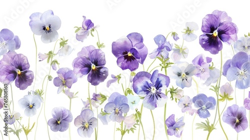 A dynamic watercolor illustration of a mix of Viola flowers  including the charming Viola hederacea  with soft lavenders and whites against a white canvas