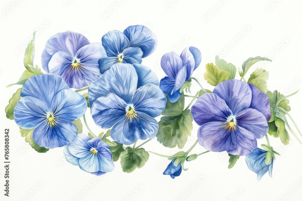A serene watercolor depiction of Viola pinnata, with its delicate blue flowers and feathery leaves, elegantly arranged on a white background