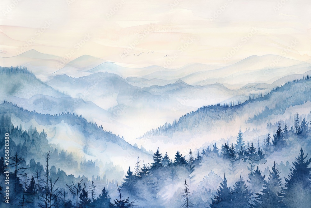 A serene watercolor scene of a misty morning in the mountains, with early light breaking through, gently laid on a white background