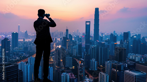 Silhouette of Businessman with Binoculars Observing City Skyline