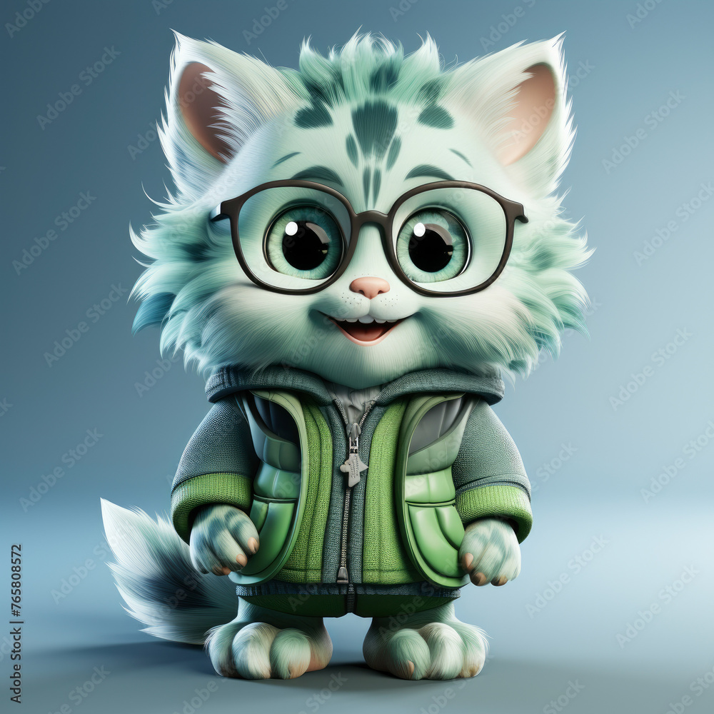A cartoon cat wearing glasses and a green jacket is smiling A cartoon cat wearing glasses and a green jacket is smiling