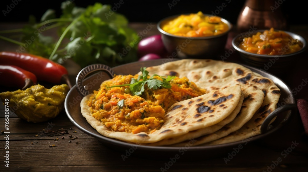 Indian traditional kichari with chapati on an iron platter with sauces next to on wooden table, close-up. Indian traditional kichari with chapati on an iron platter with sauces next to on wooden table, close-up.