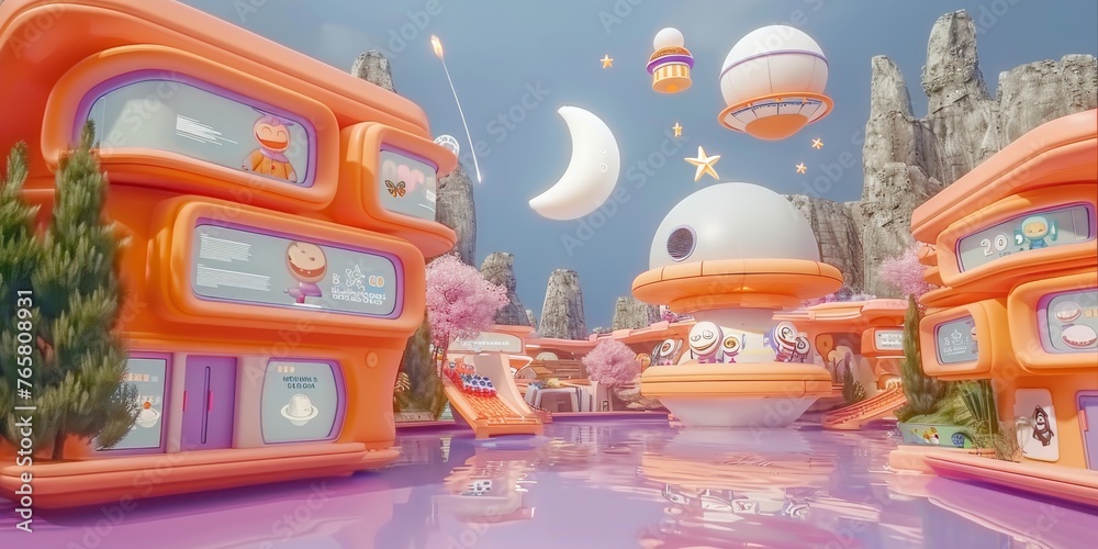 A 3D rendering of a fantastical, outer space-themed amusement park, with cute, stylized aliens enjoying rides on shooting star roller coasters and moon-shaped Ferris wheels
