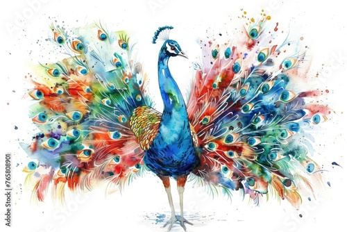 A vibrant peacock displaying feathers in watercolor, myriad of colors, detailed eye patterns, elegance, on a pure white background