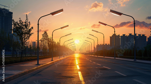 Solar-Powered Streetlights Illuminate Empty Urban Street at Dusk