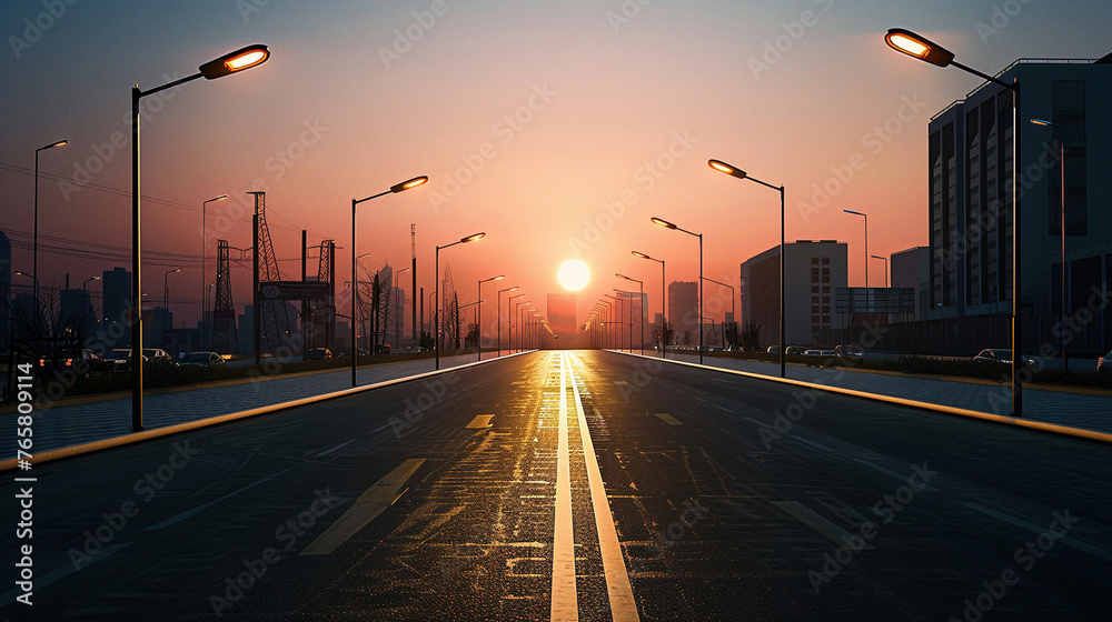 Solar-Powered Streetlights Illuminate Empty Urban Street at Dusk