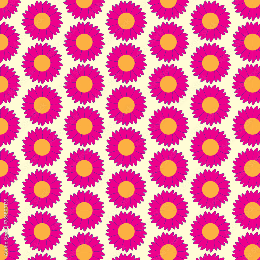 Simple background with repeating pattern. Purple flowers with orange center. Flowers arranged in a flat pattern. Summer, pattern, shape, seamless background. Simple background with repeating pattern. Purple flowers with orange center. Flowers arranged in a flat pattern. Summer, pattern, shape, seamless background.