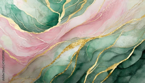 Abstract watercolor paint background pastel green aquamarine, pink color and golden.  photo