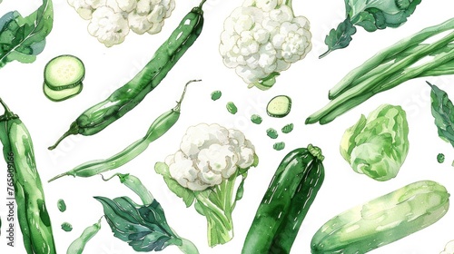 A watercolor ensemble of green beans, cauliflower, and zucchini, beautifully laid out on white photo