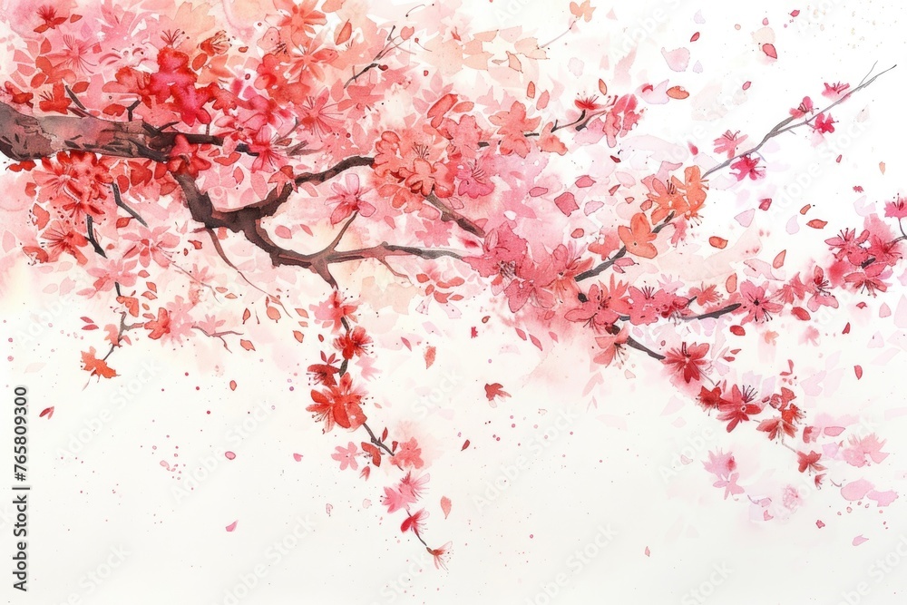 A watercolor painting capturing the gentle fall of cherry blossoms, their pink hues soft, on a white background