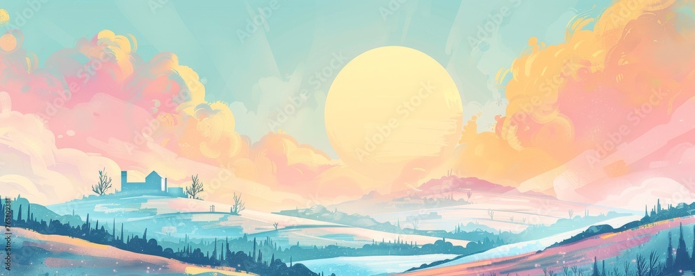 Fototapeta premium A beautiful landscape with a bright blue sky and fluffy clouds