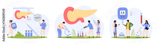 Pancreas checkup, diabetes set. Tiny people check endocrine gland health, study medical tests of patient with microscope, measure blood sugar level with glucometer cartoon vector illustration photo