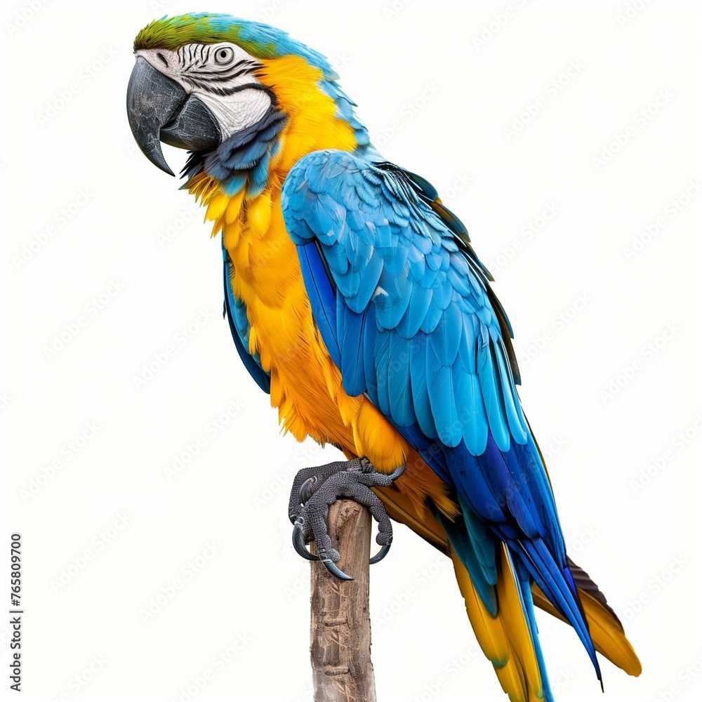 Vibrant Blue and Yellow Macaw Parrot Perched Isolated on White Background