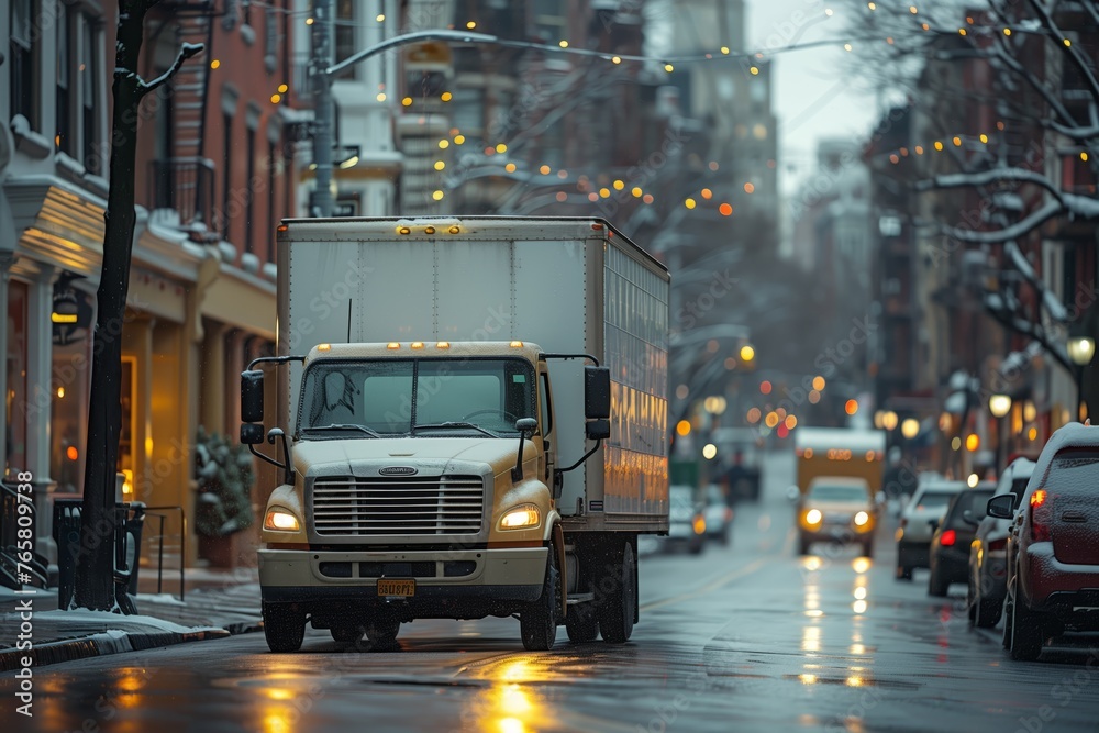 Fototapeta premium Delivery truck on a wet urban street