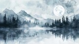 An atmospheric watercolor scene of a full moon night over a tranquil lake, with silhouettes of trees, on a white canvas