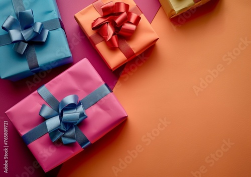 Elegant Gift Wrapped Boxes with Satin Ribbons on Colorful Background