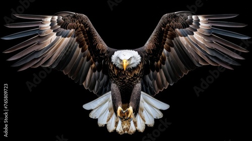 A commanding bald eagle with wings spread wide against a black void, showcasing its powerful form and intense, piercing gaze.
