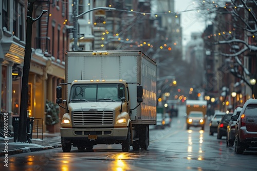 Delivery truck on a wet urban street
