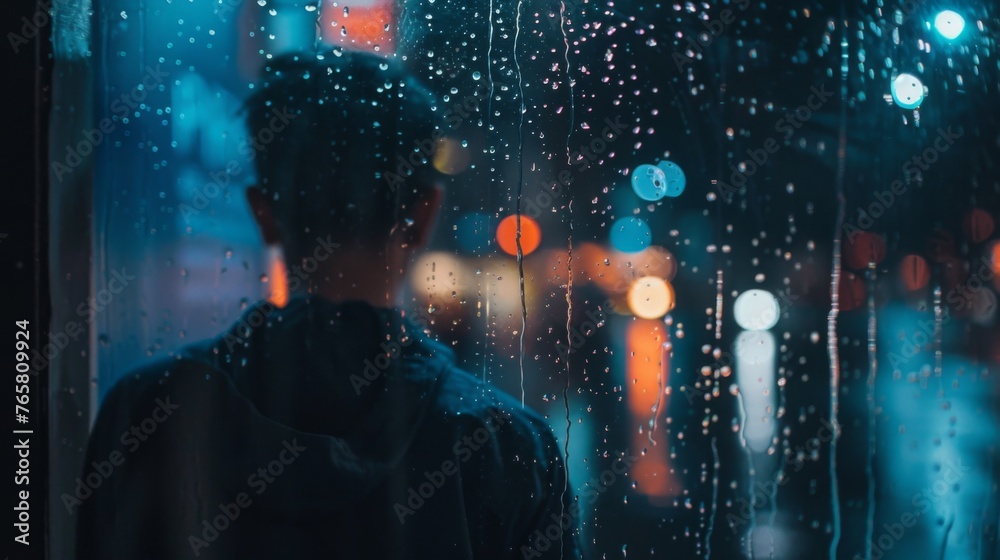 Rear view of a person observing the vibrant city lights through a rain-spattered window, a moment of urban solitude at night. Rear view of a person observing the vibrant city lights through a rain-spattered window, a moment of urban solitude at night.