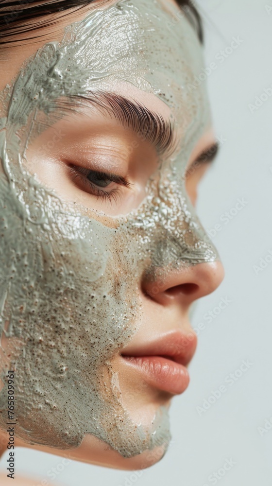 Fototapeta premium Close-up of a young beautiful woman with a green detox face mask, highlighting her serene gaze and the texture of the skincare product on her flawless skin.