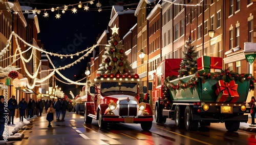 Festive holiday street with Christmas lights and decorations, featuring a tree and gifts on a vintage truck.