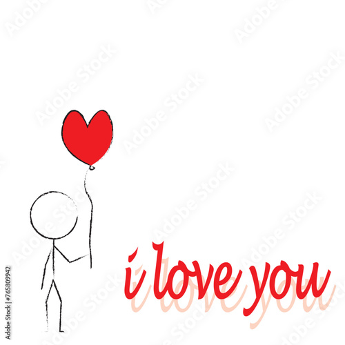 Unfilled action figure with a black outline holding an inflatable heart-shaped balloon. Inscription: "I love you." White background. Card, confession