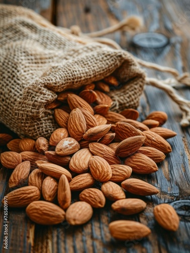 Rustic close-up of raw almonds spilling from a burlap sack onto a weathered wooden table, symbolizing natural, wholesome nutrition.