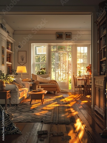 Alzheimer's home care, family interaction, diagonal view, living area, morning glow, supportive.high detailed ,