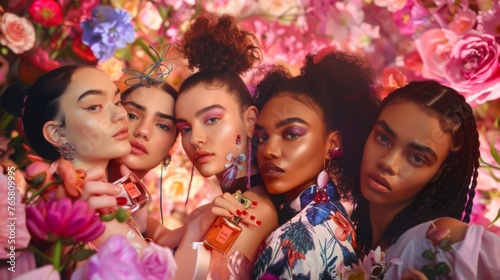 In a floral utopia, a circle of Gen Z women confidently pose with iconic fragrances, their makeup complementing the lush, vibrant backdrop. photo
