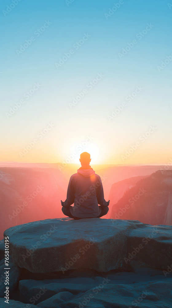 Man meditating at sunrise on a mountaintop, a view of the horizon, soft diffused light, a thoughtful and serene mood. 